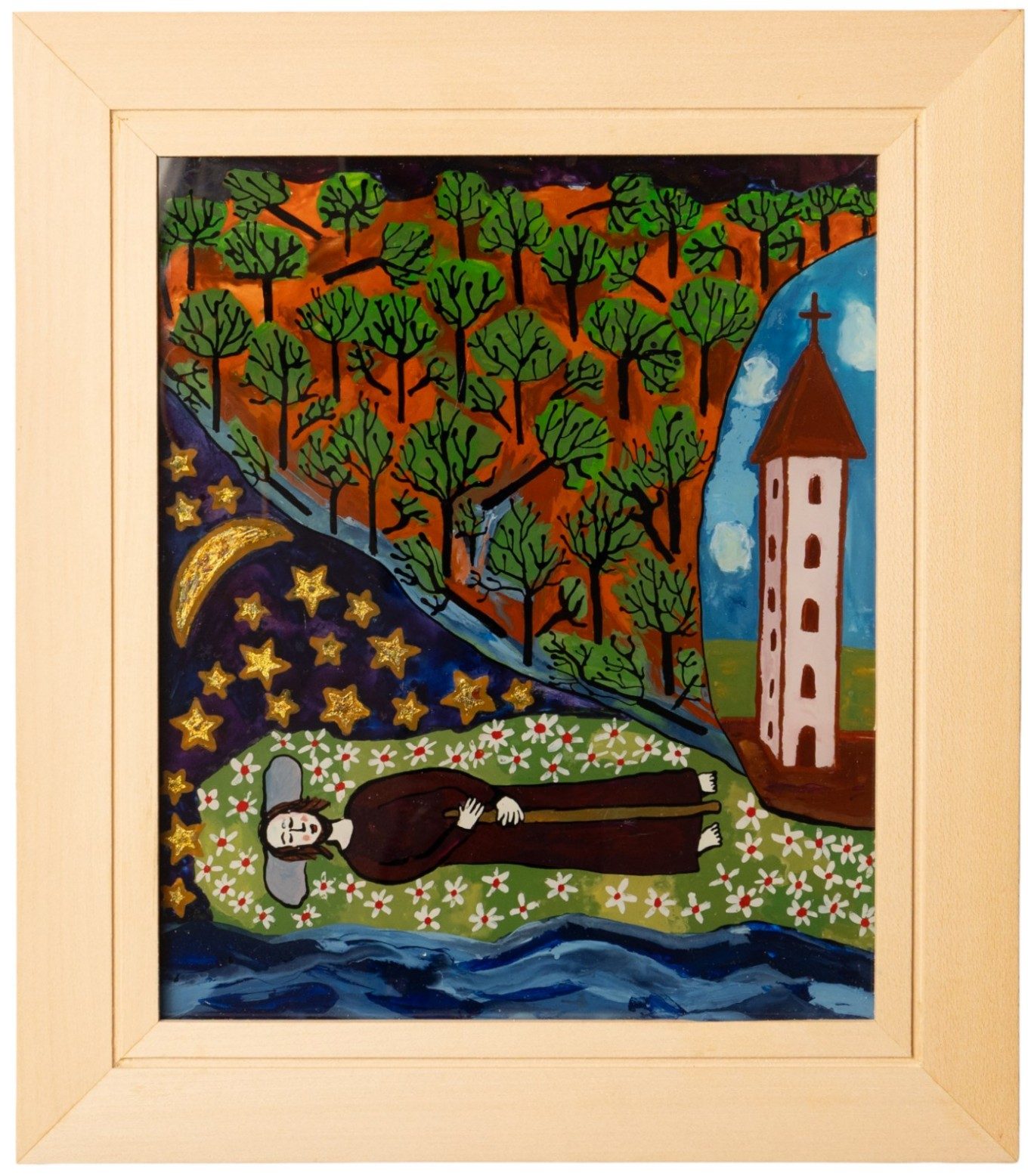 Hinterglasbild mit Sternenhimmel, Wald und Kapelle