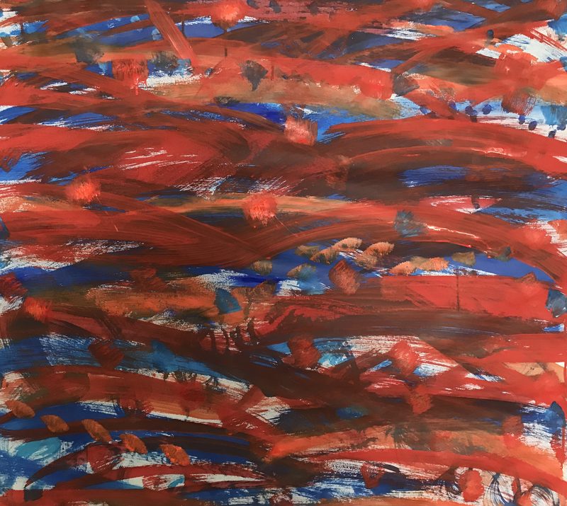 Kraftvolle rote und blaue Pinselstriche auf Papier