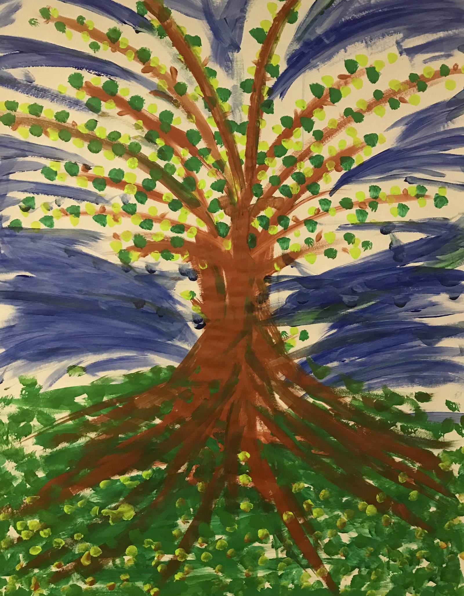 Gemalter Baum mit weit ausladender Krone vor blauem Himmel