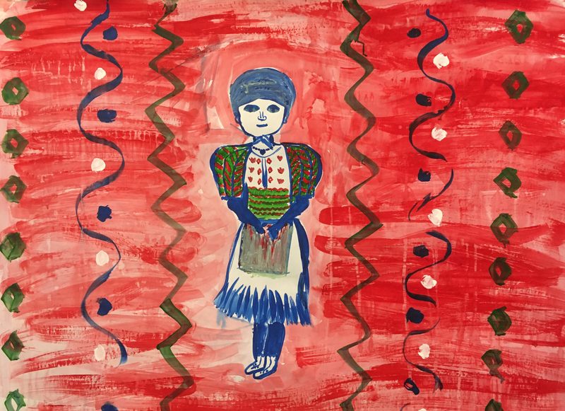 Gemalte Figur in Tracht auf rotem Grund mit Ornamenten