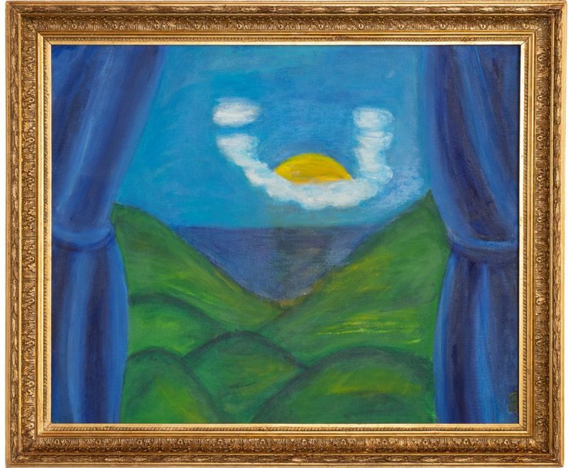 Ölbild mit Vorhang, grüner Landschaft und aufgehender Sonne